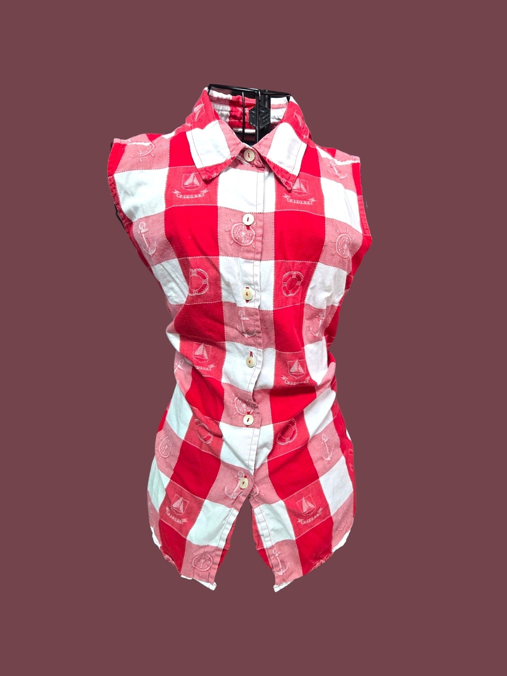 Sleeveless Red & White Check Button-Up Shirt Cruise